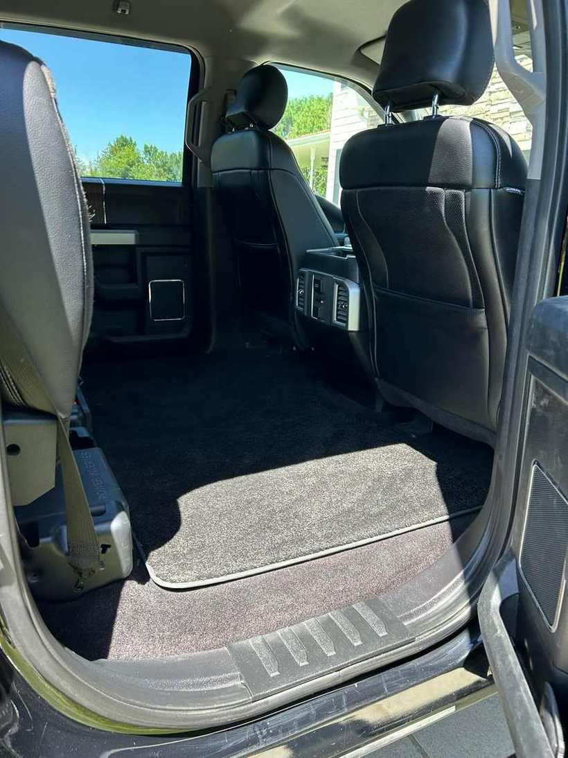 After — the same truck rear floor with all the pet hair pulled out of the carpet